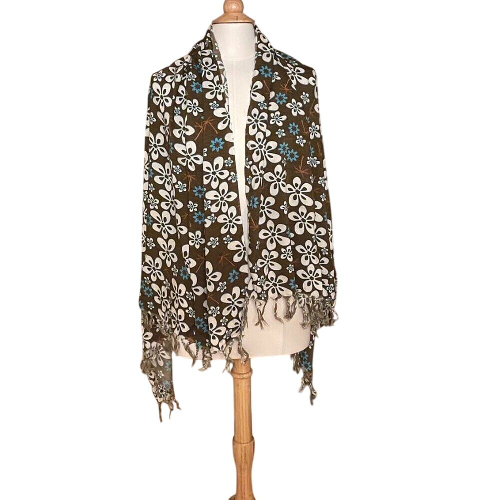 Large Brown Blue Floral Wrap / Shawl, Palm Trees, Fringe, Boho, Coastal